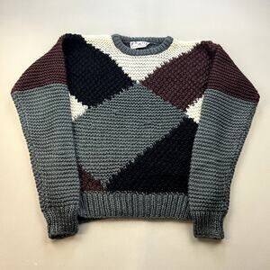 Vintage Pattern Sweater Adult Medium Gray Knit Geometric Color Block Crew 90s